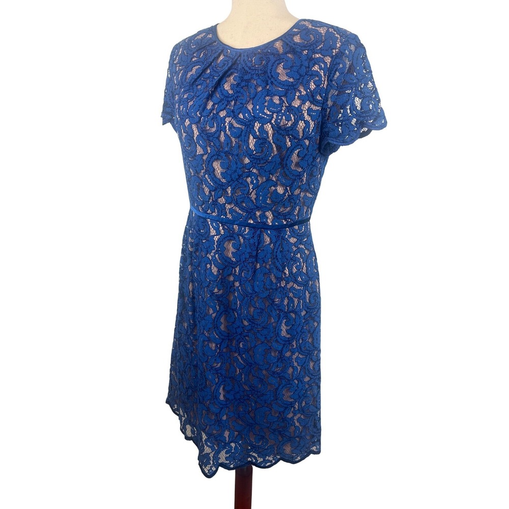 Adrianna Papell Lace Dress Women's Size 8 Nude Blue Overlay Cocktail Wedding